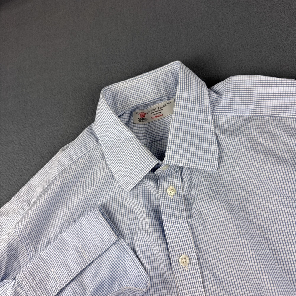 Turnbull & Asser Shirt Men's 17 Blue White Check Turnbuline French Cuff Dress